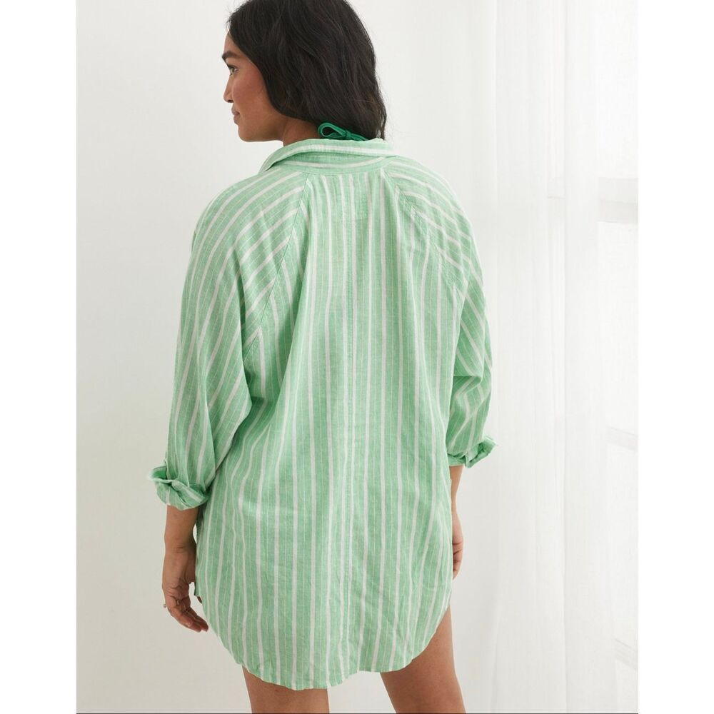 Aerie linen blend coverup shirt button down celebrity green stripes XS - Picture 4 of 13